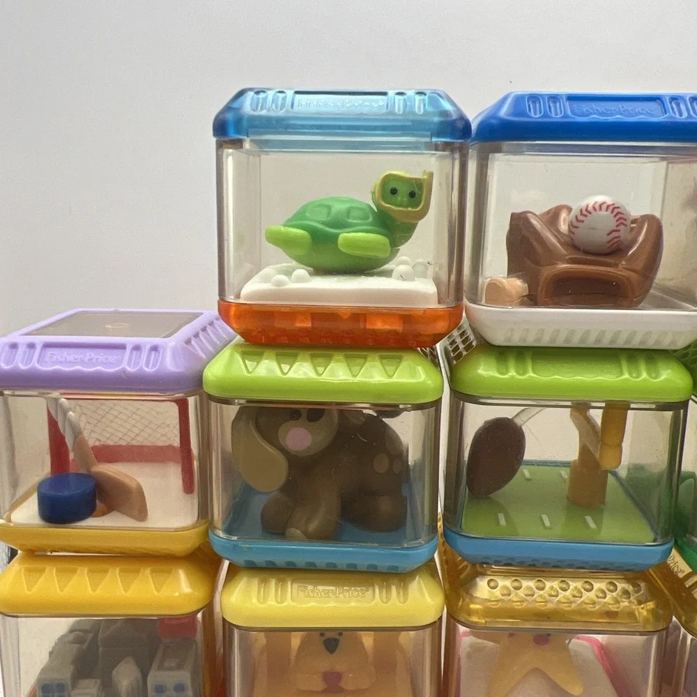 Lot of 18 Fisher Price Peek-A-Blocks Vintage Sensory Toy Stacking Animals Sports